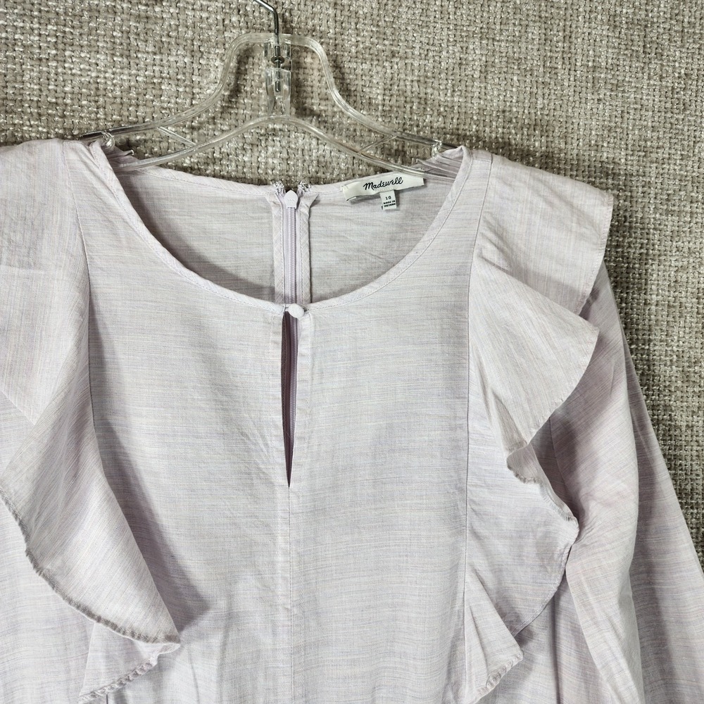 Madewell Long Sleeve Ruffle Dress Womens 10 Pale Lavender Cotton Blend Cottage - Picture 2 of 13